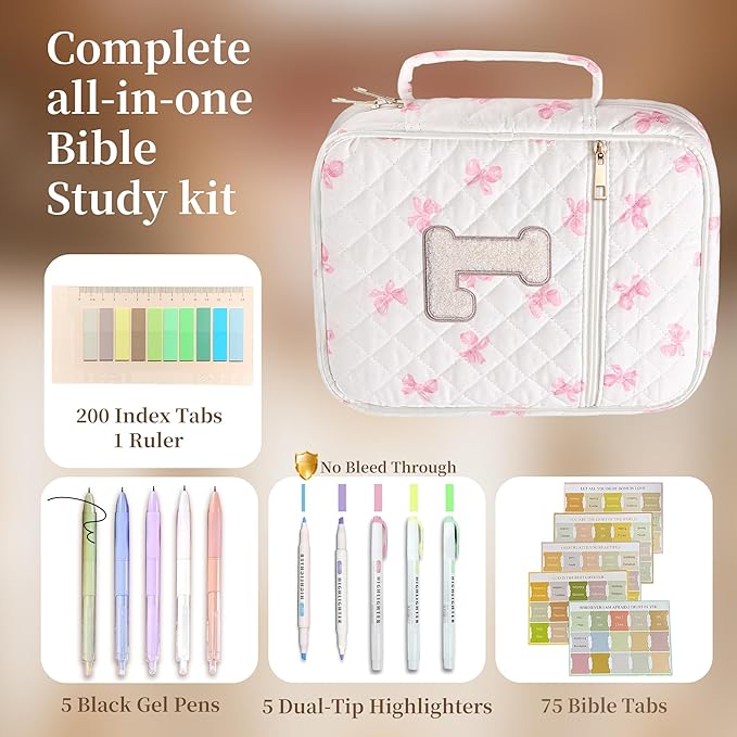 Personalized Initial Bible Cover Case for Women – Large Quilted Bible Bag with Handle, Chenille Letter, Bible Study Kit, Christian Gift for Mom, Grandma & Daughter (Pink Bow-L)