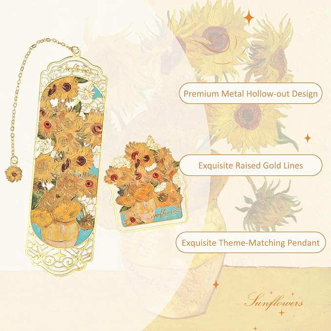 Luxury Metal Bookmark & Book Clip Gift Set, Oil Painting Themed Sunflowers, 1 Bookmark with Pendant + 1 Book Clip, Elegant Christmas New Year Gift Box for Women Book Lovers Writers Readers Teens