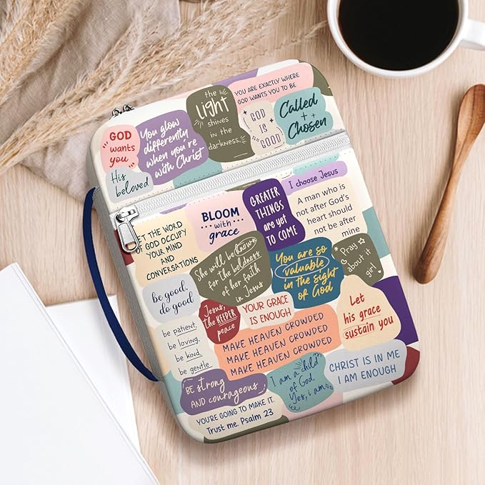 Inspirational Bible Cover for Women Girls Teens, Canvas Scripture Case with Handle and Zipper, Faith Quotes Bible Holder for Church and Bible Study, Christian Gift for Daughter Mom Friends