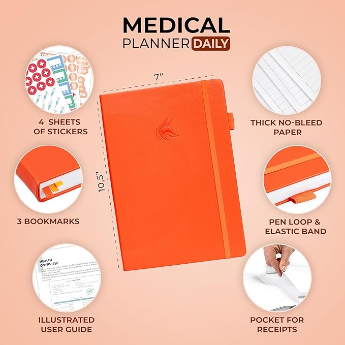 Clever Fox Medical Planner Daily – Health Diary Notebook, Wellness Journal & Self-Care Logbook, Lasts 3 Months, 7x10.5″ (Orange)