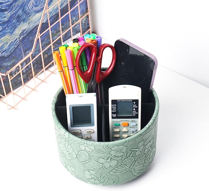 Round Leather Art Supply Organizer,Remote Control Holder,360-degree Rotating Pen Organizer with 4 Compartments(1-Butterfly Green)