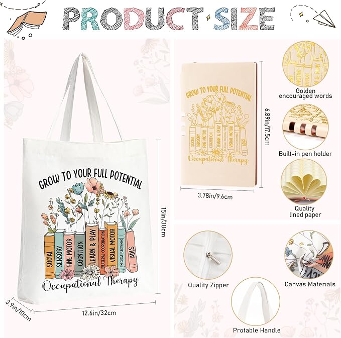 Fuutreo 3 Pcs Occupational Therapist Appreciation Gifts for Women, 20 oz Stainless Steel Tumbler Cup with Lid Canvas Tote Bag Leather Journal Thank You Gifts for OT Occupational Therapist Week