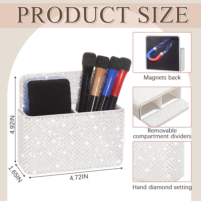 MotiMind White Locker Accessories for Girls, Bling Magnetic Pen Holder for Refrigerator, Back to School Rhinestone Marker Holder for Locker, Sparkly Gift for Student (Medium,Pearl)