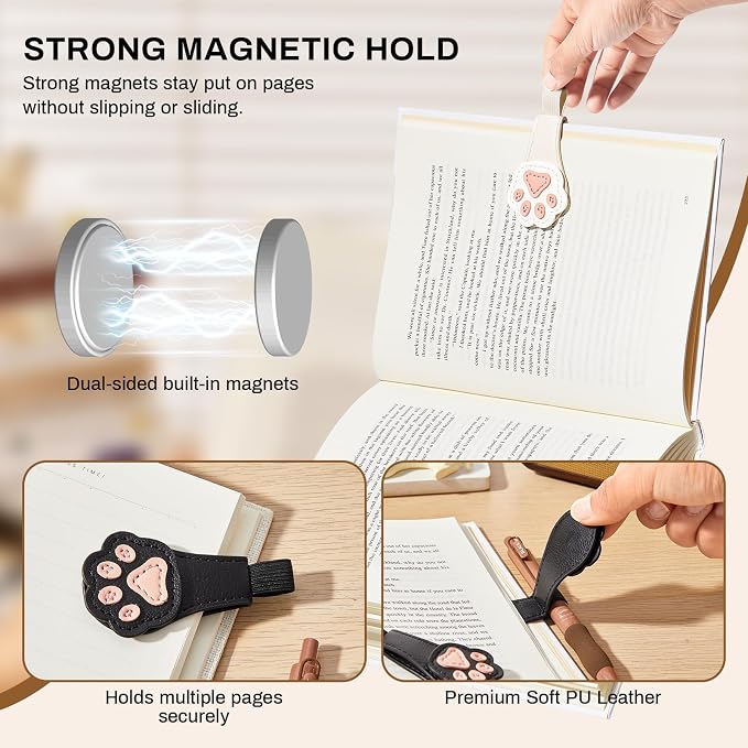2Pcs Magnetic Bookmarks with Gift Box Magnetic Pen Holder for Notebook Cat Book Marks Clip Gift for Book Lover Readers Cute PU Leather Bookmark for Women, Paw (White+Black)
