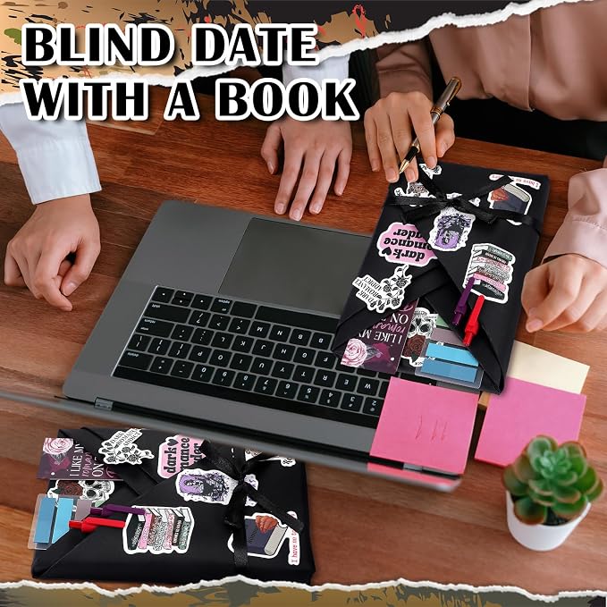 Honoson 6 Set Dark Romance Blind Date with a Book Gift Box Supplies Including Smutty Spicy Bookmarks Stickers Tags Pens Ribbon Wrapping Papers Bookish Librarian Book Lovers Club Gifts(Without Books)