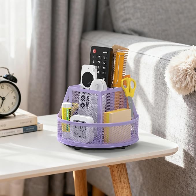 Docnest 360° Rotating Pen Holder,Heavy-Duty Metal Mesh Desk Organizer with 6 Compartments for Pencils,Scissors & Markers –Space Saving Office Supply for Teachers, Students & Home Desk-Purple