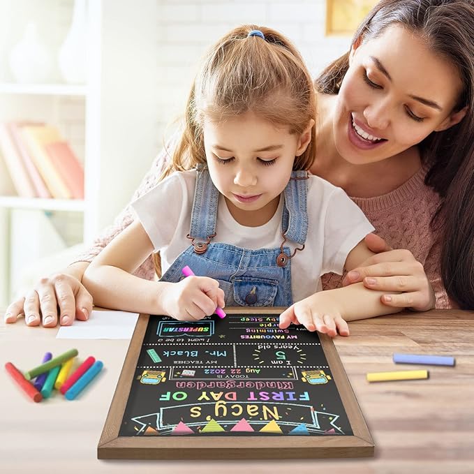 First & Last Day of School Chalk Board,10.5 x 14‘’ Double Sided Back to School Sign, Reusable Wooden 1st Day School Chalkboard of Preschool/Kindergarten/First Grade Photo Props for Kids