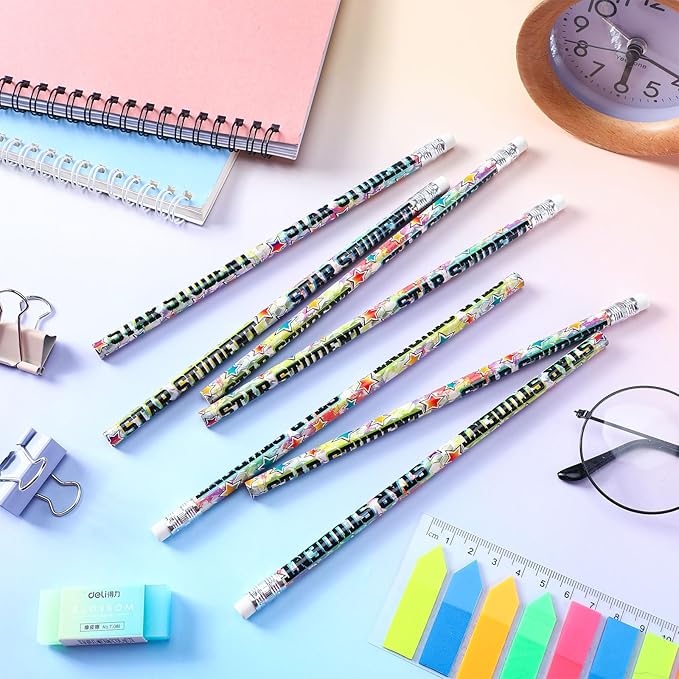 Tenceur 100 Pcs Star Student Motivational Pencils with Erasers Bulk 7.3 Inches Incentives Recognition Education Award Prize for Teacher School Classroom Reward Supplies