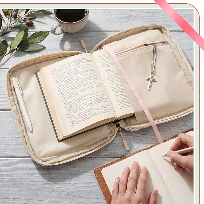 Aliceset Large Bible Cover Case for Women, Pink Floral Quilted Cotton Bible Carrying Case Organizer Bag with Handle and Zipper, for Christian Easter Gifts, Study Supplies Accessories