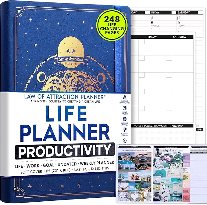 Deluxe Weekly and Monthly Planner | Law of Attraction Planner with Productivity App | 12-Month for Productivity, Gratitude & Goal Setting | Includes Foldable Vision Board, Gift Box & Stickers