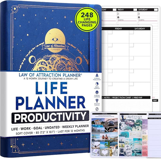 Deluxe Weekly and Monthly Planner | Law of Attraction Planner with Productivity App | 12-Month for Productivity, Gratitude & Goal Setting | Includes Foldable Vision Board, Gift Box & Stickers