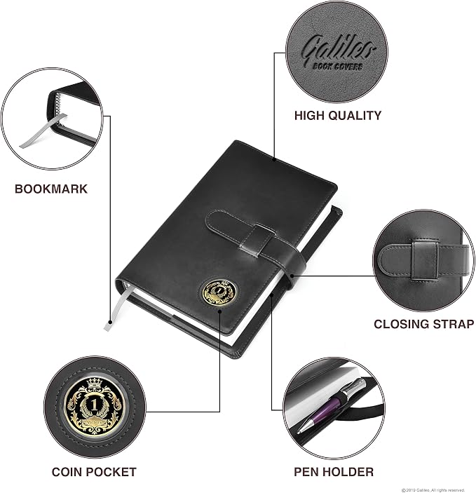 GALILEO® Single AA Big Book Cover | PU Leather AA Book Covers for Hardcover | Medallion Holder | AA Gift | Alcoholics Anonymous | Premium Design (Plain/Coin Pocket/Black)