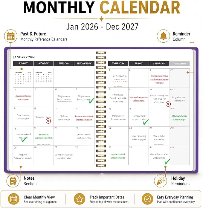 2026-2027 Monthly Planner, Calender Planner from Jan 2026 - Dec 2027, 24 Months for Planning with Habit Tracker, To-Do List, Goals,Summary ,7.5" x 10", Spiral Bindding for Personal Organizer and Office Supplies