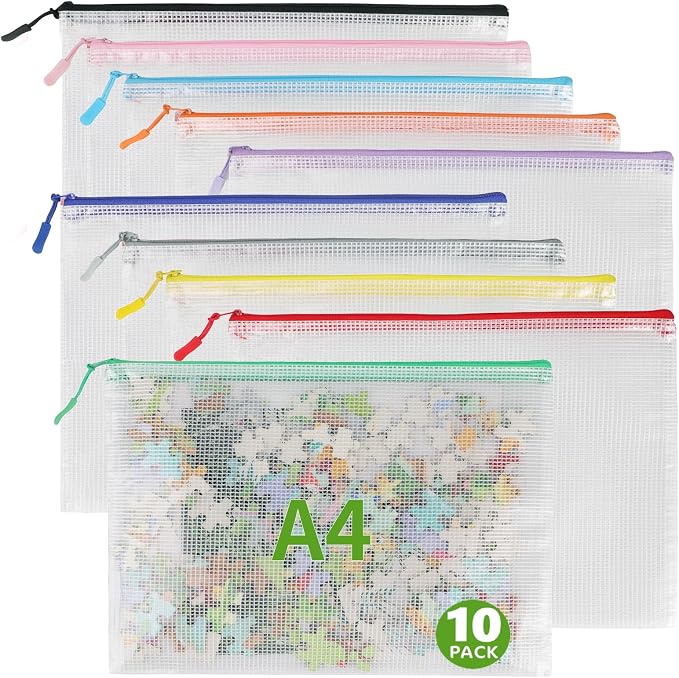 Multibey 10 Pack 10 Colors Mesh Zipper Pouch Bags, A4 13 x 9.5 inch Waterproof Zipper Pouches for Organizing, Reusable Document Bags for Office Supplies, Puzzle & Board Game Storage
