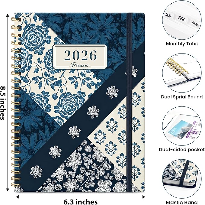 2026 Planner, Weekly and Monthly Planner for Women, January 2026 - December 2026, Hardcover 2026 Calendar Planner Book with Tabs, Inner Pocket, Spiral Bound, Perfect for Office Home School Supplies - A5 (6.3" x 8.5"), Indigo Patchwork