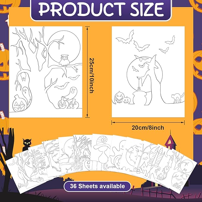 COCHIE 36PCS 8x10 Inches Halloween Coloring Pages for Kids, Bulk Color Your Own Halloween Paper Crafts Party Favors, Small Coloring Sheets Holiday Gifts