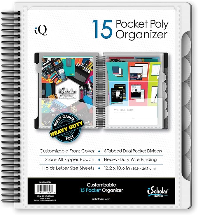 iScholar iQ+ 15 Pocket Organizer, 12.2 x 11 Inches, Tabbed Dividers, White (39906-WH)