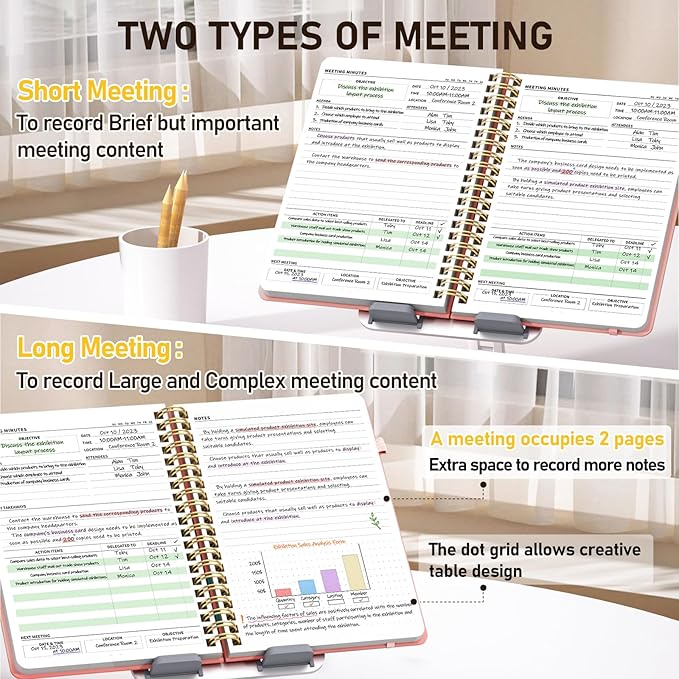 WEMATE Meeting Notebook for Work B5 (7"x10") - PU Leather Work Notebook with Agenda, Action Items & Notes - 200 Pages for Men&Women, Staff and Students, Meeting, Projects Planning -Rose Gold