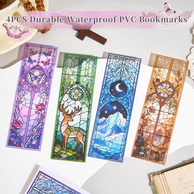 4PCS Fantasy Art Bookmarks, 5" × 1.5" PVC Stained Glass Art Book Marker, Romantasy Inspired Bookish Gifts for Book Lovers