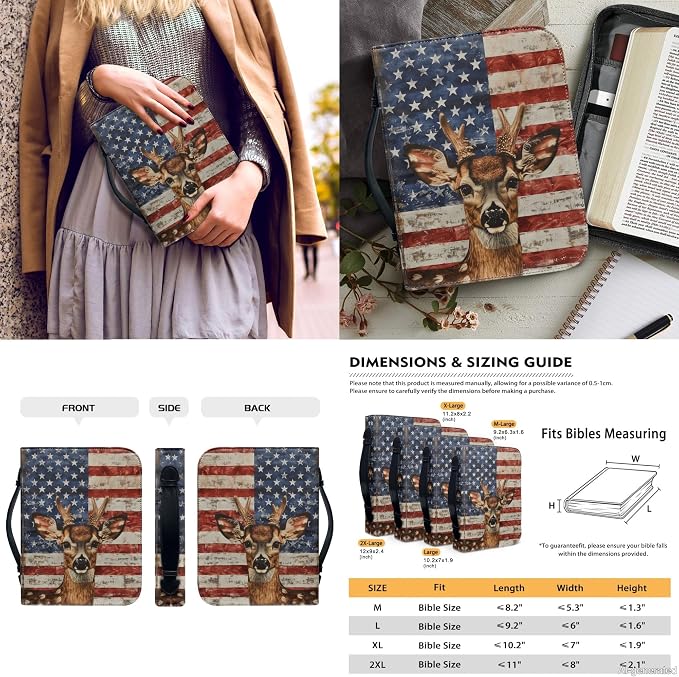 Lotusorchid Bible Cover Leather Bible Case for Women, American Flag Deer Bible Carrying Case with 2 Book Marks, Bible Cover Case for Women, Blue and Red, Size M