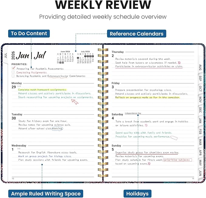 Planner 2026–2027, Academic Planner Weekly and Monthly Calendar Jul 2026 – Jun 2027 Hardcover Planner with Tabs and Pocket, Spiral Bound Agenda Book for Student & Teacher, 6.3" x 8.5", Ocean Murmur