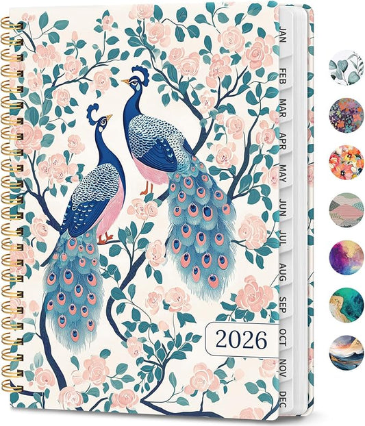 2026 Planner, Weekly and Monthly Calendar Planner Book, January 2026 - December 2026, Hardcover Spiral Planner with Monthly Tabs, Notes Pages, Perfect for Women & Men, A5 (6.4" x 8.5") - Peacock