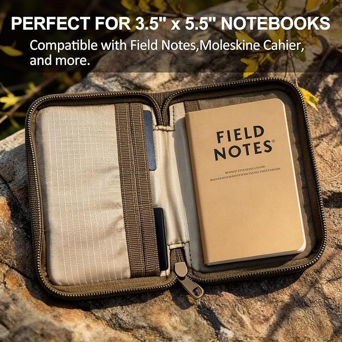 KOSIBATE Pocket Notebook Cover for Field Notes, Waxed Canvas Journal Cover with Zipper & Pen Holder, Tactical EDC Notebook Holder Fits 3.5"x5.5" Moleskine Cahier, Travel Journal Organizer