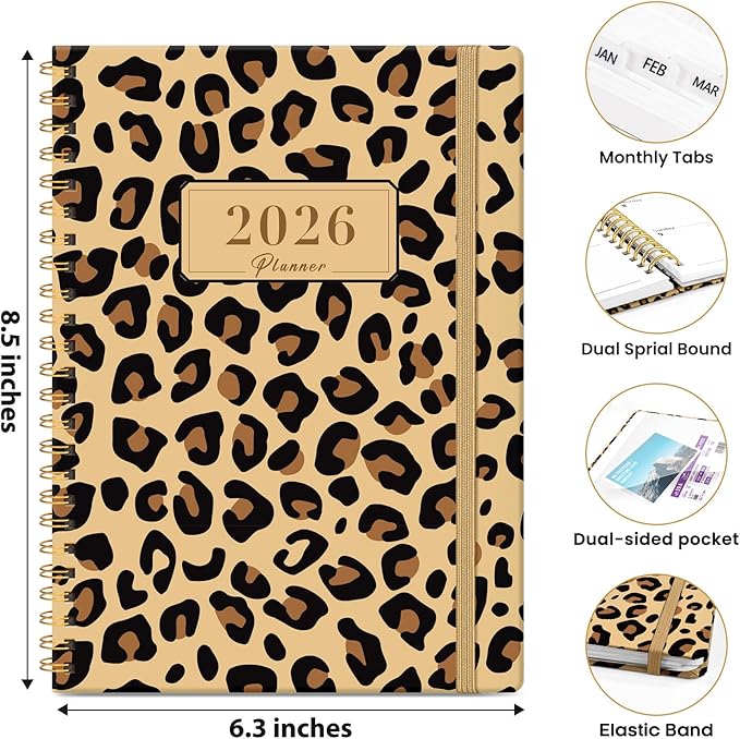 2026 Planner, Weekly and Monthly Planner for Women, January 2026 - December 2026, Hardcover 2026 Calendar Planner Book with Tabs, Inner Pocket, Spiral Bound, Perfect for Office Home School Supplies - A5 (6.3" x 8.5"), Leopard