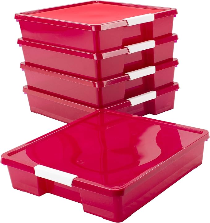 Storex Classroom Craft Project Box – Stacking Plastic Organizer Fits 12x12 Scrapbooking Paper, Red, 5-Pack (63204U05C)