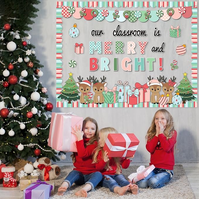Christmas Bulletin Board Set Our Classroom is Merry and Bright Decor Boho Candy Banner Gift Boxes Xmas Trees Deer Cutouts for School Office Door Wall Decor Holiday Display