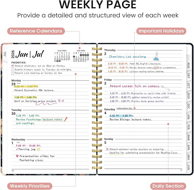 Planner 2026-2027, Academic Monthly and Weekly Calendar Planner for Women, July 2026 - June 2027, Hardcover Pretty Agenda Planner Book with Tabs, Spiral Daily Organizer for School Office Home Supplies, 8.5" x 11" - Evening Petals