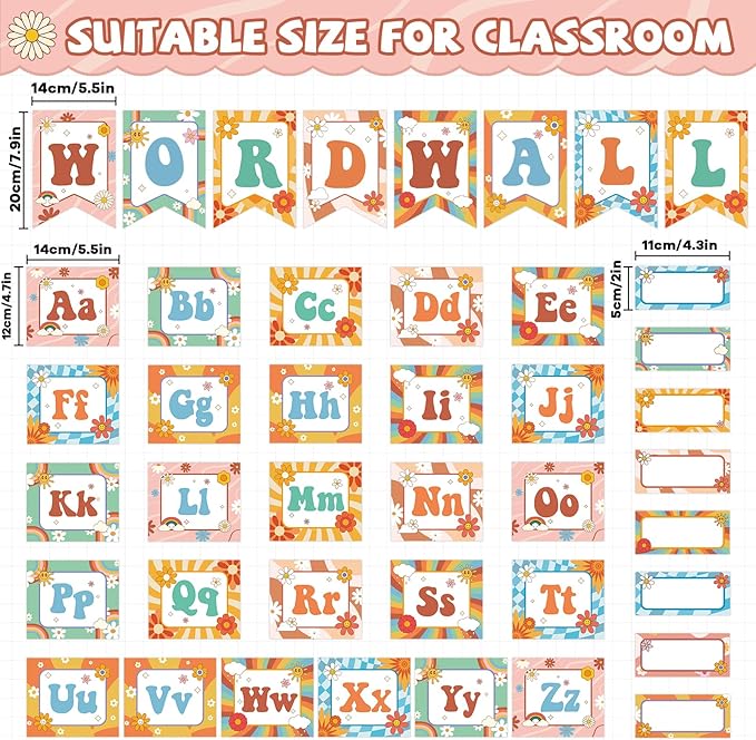 Groovy Bulletin Board Decorations Retro Classroom Decor Word Wall Bulletin Board Set Groovy Themed Wordwall Letters Summer Hippie Daisy Cutouts for Elementary Preschool Back to School Wall Supplies