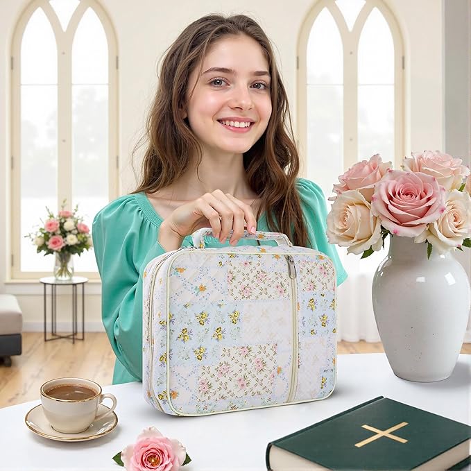 WOBAGMEN Bible Cover Case for Women,Large Bible Tote Bags Organizer Quilted Carrying Case for Girls,Bible Study Supplies Accessories Christian Gifts for Women (Colorful Floral, L)