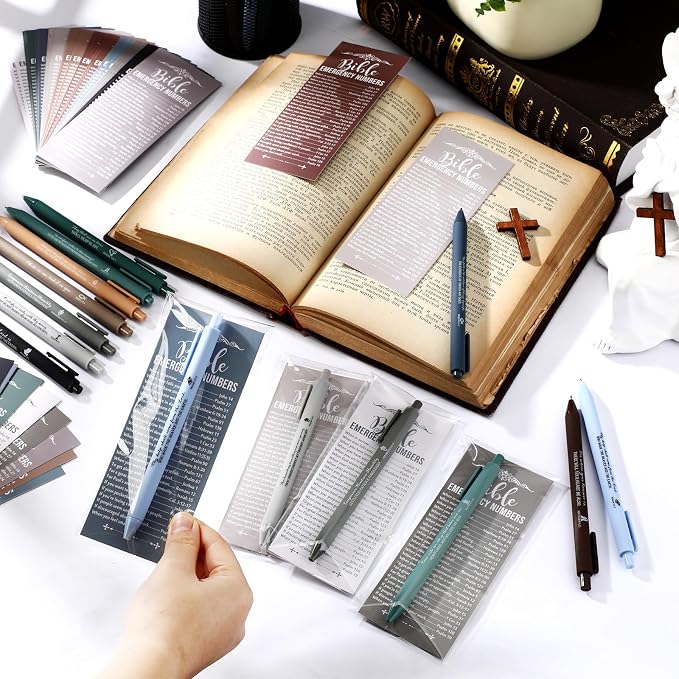 Feifeiya 150 Set Christian Fathers Day Church Gifts Bulk Pentecost Pastor Clergy Religious Pens Bible Verse Party Favor Emergency Number Bookmark Card for Sunday School Pastor(Boho,Christian)