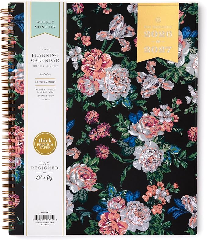 Blue Sky Day Designer 2026-2027 Weekly and Monthly Academic Year Planner Calendar, July 2026 - June 2027, 8.5" x 11", Flexible Cover, Laminated Tabs, Storage Pocket, Includes Stickers, Rose Garden