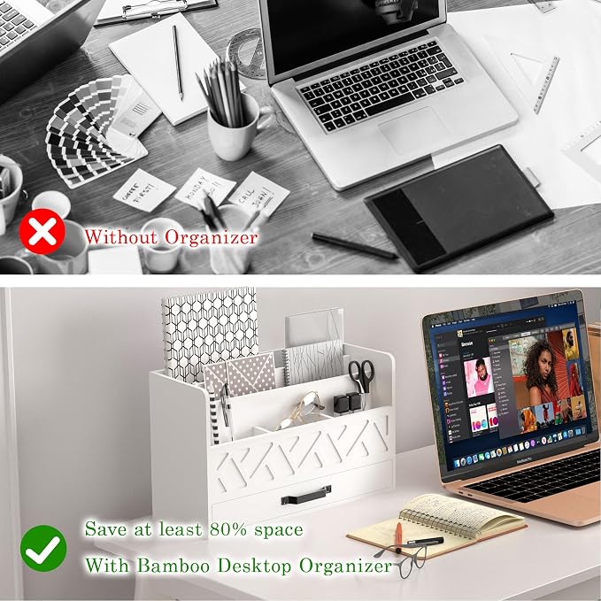 WISUCART Bamboo Mail Organizer Countertop Wood Desk Organizer Drawer Tabletop Storage Box Letter Sorter Makeup Organizer for School Home Office Supplies White