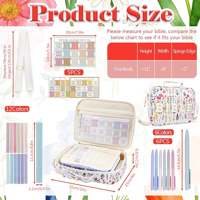 Large Bible Cover Case for Women, 12 x 9 x 2.5 Inch Letter Bible Bag with Shoulder Strap Carrying Bag with Tabs 6 Colored Pens 12 Highlighters, Back to School Study Supplies Christian Church Gifts