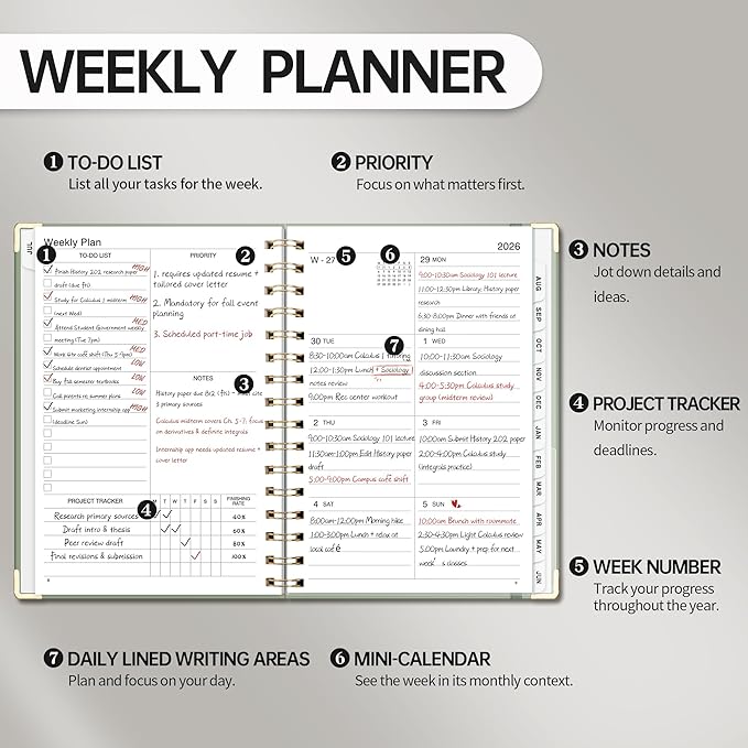 Academic Planner 2026-2027, Weekly and Monthly, A5 Size (5.7" x 8.3"), July 2026 - June 2027, To-do List for Tracking, for School, Home, Office, Hardcover, 12-Month Tabs (Light Green)