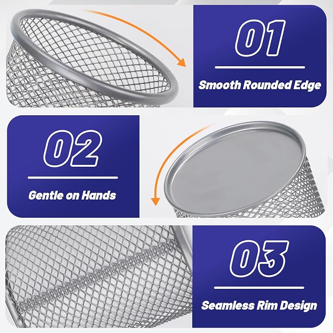 Segarty Pen Cup Holder for Desk, 12 Pack Round Silver Pen Holder, Wire Mesh Pencil Cups Containers Marker Organizer Set for Office Supplies, School, Desktop Accessories, Makeup Brush
