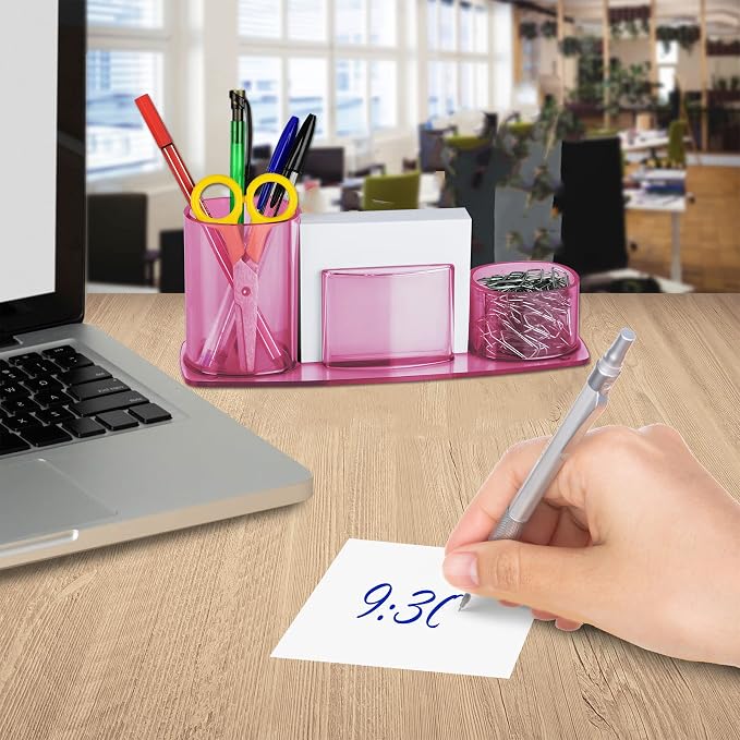 Acrimet Millennium Desk Organizer Cup Caddy – Plastic Desktop Holder for Pen, Pencil, Clips, Desk Accessories & Memo Paper – Includes 200 Sheets of Memo Paper (Clear Pink Color)