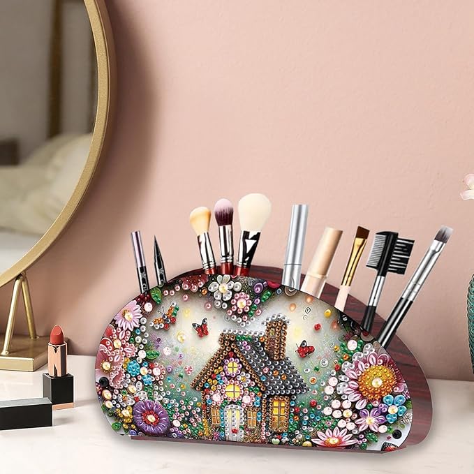 Remote Control Holder with 4 Compartments, DIY Diamond Art Painting Wooden Half Moon TV Control Holder for Remote Controllers, Office Supplies, Makeup Brush, Media Accessories-Wooden House