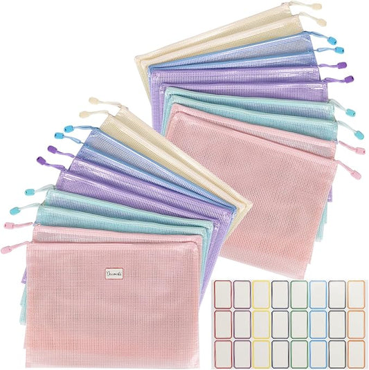 MultiBey 20 Pack A4 Mesh Zipper Pouch Bags with Labels, Waterproof Plastic Zipper Pouches for Organizing Board Games, Puzzles, Documents Office Supply and Home Organizer, 5 Macaron Colors