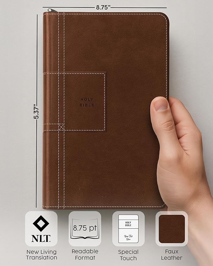 Personalized NLT Bible with Engraved Name, Atlas Rustic Brown Thinline Reference Zipper Edition, Faux Leather, New Living Translation