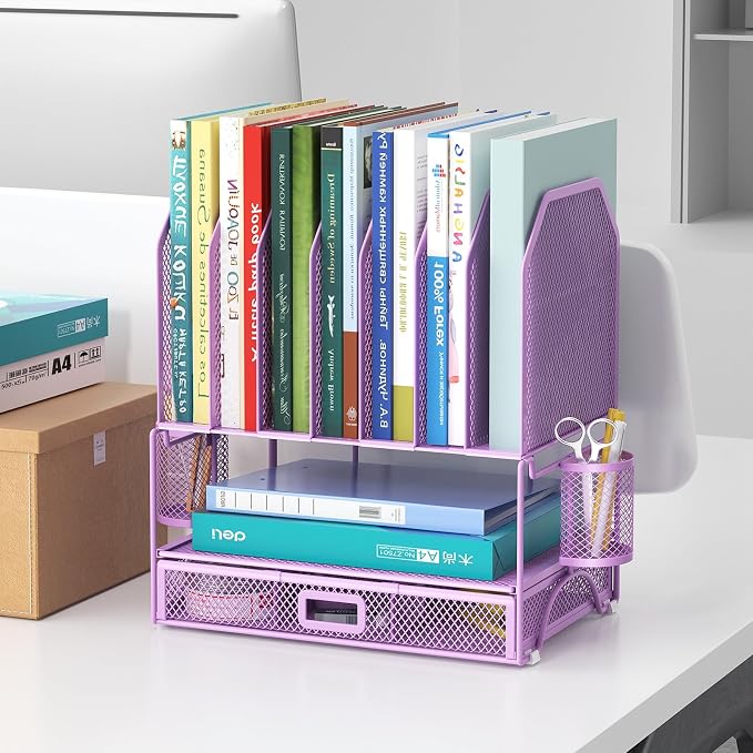 FANXIYQ Metal Desk Organizer with Sliding Drawer, 7-Section File Organizer for Desk, Desktop File Folder & Paper Organizer with 2 Hanging Pen Holders, Office Supplies Organizer, Purple