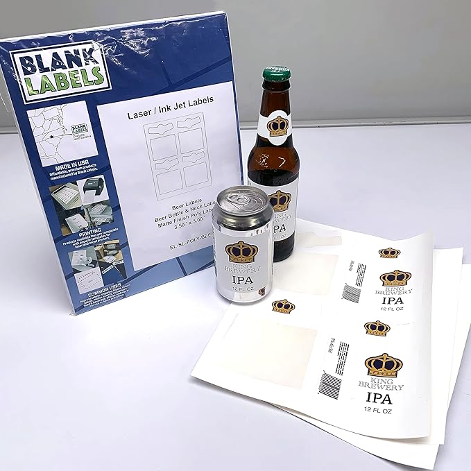 Beer Bottle and Neck Labels from Blank Labels - 4 Per Page - Water-Proof - Template Compatible - Laser and Inkjet Guaranteed - Easy Peel - Made in USA - 100 Sheets - 400 Bottle and Neck Labels