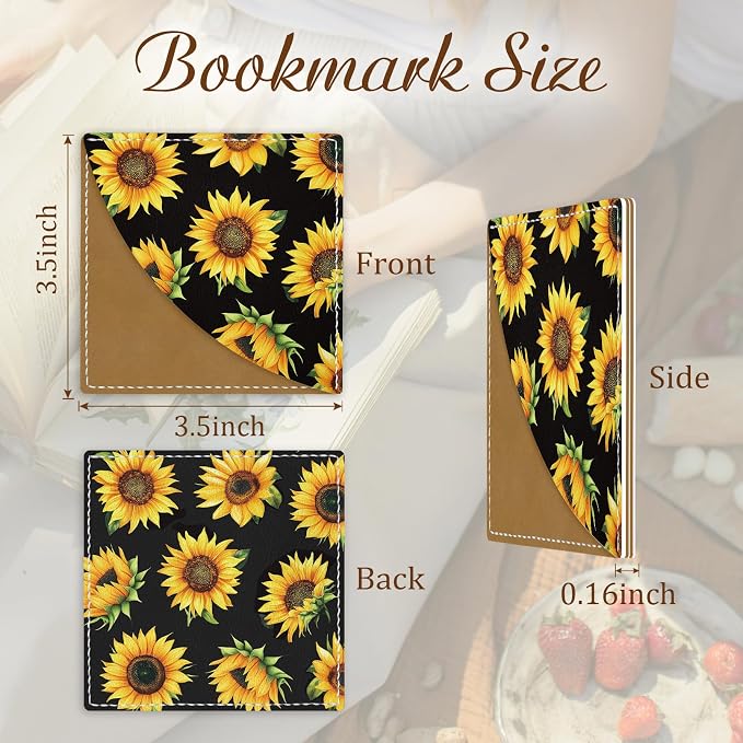 Icycay Sunflower Corner Bookmarks, Funny Leather Book Accessories for Book Lovers, 3 Pcs Reading Book Page Markers for Women Men Student Teacher Girls Boys Kids Retirement Birthday Gifts