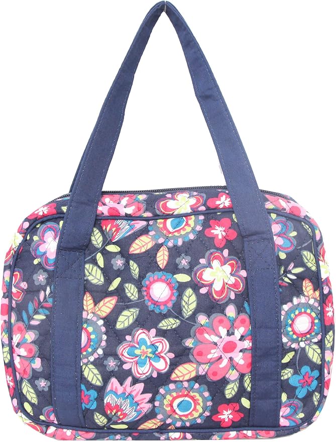 DIWI Quilted Bible Cover Large Sizes 10 X 7 X 2.75 Inches Bible Tote Good Book Case (L, C2 Navy Flowers)