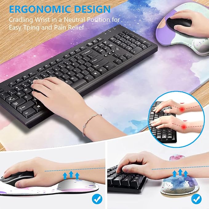 AQQA Colorful Star Large Mouse Pad Set, Pink Desk Mat for Desktop, Women Girls Purple Waterproof Desk Pad,Mouse Wrist Rest+Coaster Ergonomic Design for Home Office Computer 31.5x15.7Inches