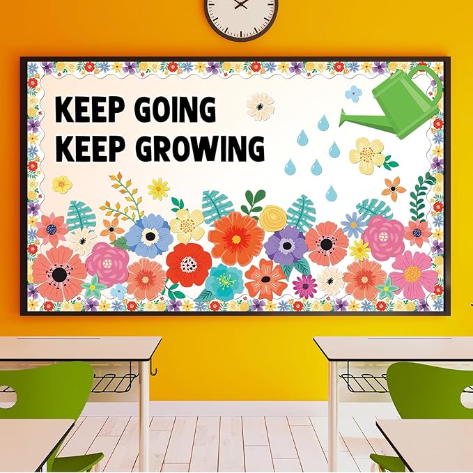 Wildflowers Spring Bulletin Board Decorations Set Floral Flowers Bulletin Board Decor Keep Going Keep Growing Floral Blackboard Borders Sunflowers Cutouts for Back to School Classroom Wall Decor