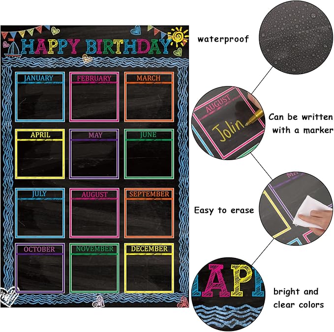 Wiooffen Happy Birthday Chart for Classroom, 2Pcs Chalkboard Birthday Poster Decoration 17" x 12" Chalkboard Birthday Cake Calendar Cutouts for School Bulletin Board, Chalkboards, Wall Decor